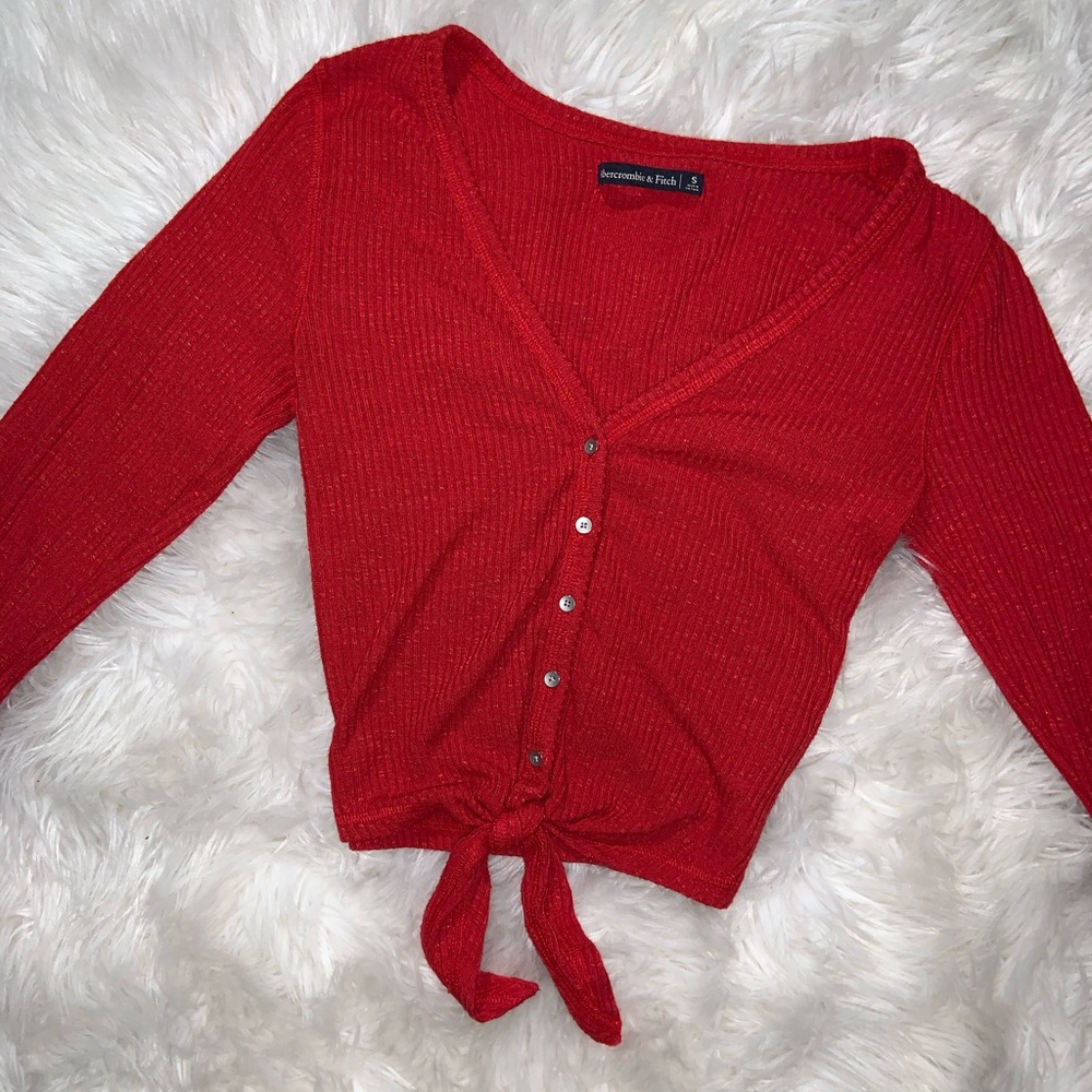 Red button down with tie crop top